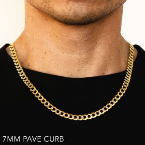 14K 7MM YELLOW GOLD SOLID PAVE CURB 24" CHAIN NECKLACE (AVAILABLE IN LENGTHS 7" - 30")