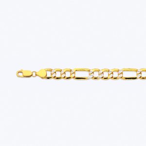 14K 10.5MM YELLOW GOLD HOLLOW PAVE FIGARO 9" CHAIN BRACELET (AVAILABLE IN LENGTHS 7" - 30")