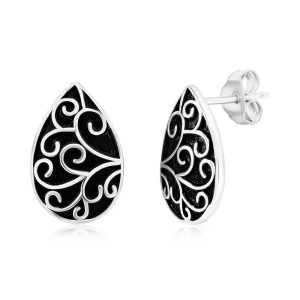 Sterling Silver, Oxidized Pearshaped Filigree Design Stud Earrings