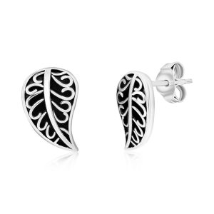 Sterling Silver, Oxidized Leaf Design Stud Earrings