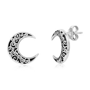 Sterling Silver, Oxidized Crescent Moon Filigree Design Stud Earrings