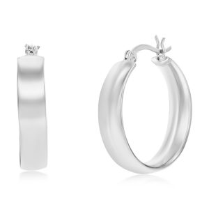Sterling Silver 5.5x27mm Fancy Flat Hoop Earrings - Rhodium Plated