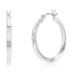 Sterling Silver 3x30mm Fancy Flat Hoop Earrings - Rhodium Plated