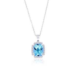 Sterling Silver, Sky Blue Topaz, White Topaz Border Pendant w/ Chain