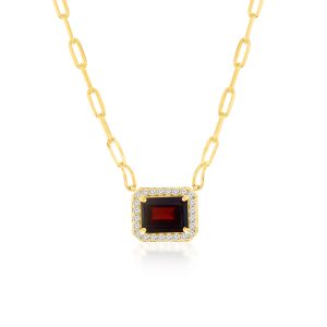 Sterling Silver, Rectangle 6X8 Garnet, White Topaz Border, Paperclip Necklace - Gold Plated