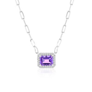 Sterling Silver, Rectangle 6X8 Amethyst, White Topaz Border, Paperclip Necklace