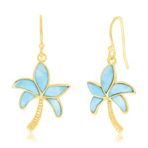 Sterling Silver, Larimar Palm Tree Earrings - Gold Plated