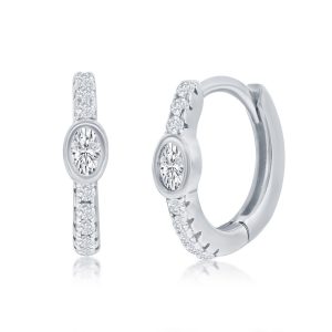 Sterling Silver 11MM Center Oval CZ Huggie Hoop Earrings