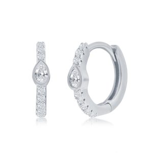Sterling Silver 11MM Center Pearshaped CZ Huggie Hoop Earrings