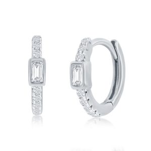 Sterling Silver 11MM Center Rectangle CZ Huggie Hoop Earrings
