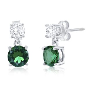 Sterling Silver Double Round CZ Dangle Earrings - Emerald CZ