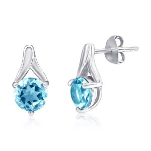 Sterling Silver, Round 6MM Stone Earrings - Created Aquamarine
