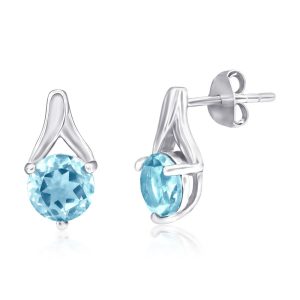Sterling Silver, Round 6MM Gem Earrings - Blue Topaz