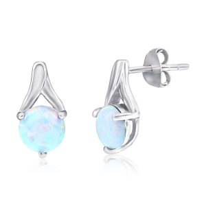Sterling Silver, Round White Opal Earrings