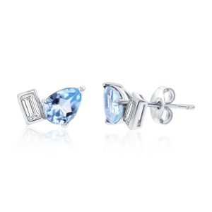 Sterling Silver, Pearshaped & Emerald-Cut Sky Blue Topaz Studs