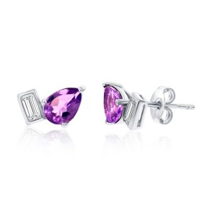 Sterling Silver, Pearshaped & Emerald-Cut Amethyst Studs