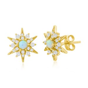 Sterling Silver White Opal Sunburst CZ Stud Earrings - Gold Plated