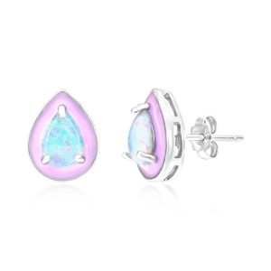Sterling Silver White Opal & Pink Enamel Pearshaped Studs