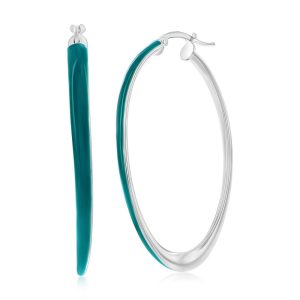 Sterling Silver, Petrolio Enamel Oval Hoop Earrings