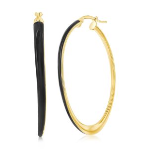 Sterling Silver, Black Enamel Oval Hoop Earrings - Gold Plated