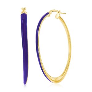 Sterling Silver, Meadow Violet Enamel Oval Hoop Earrings - Gold Plated