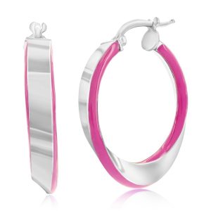 Sterling Silver, Rose Violet Enamel Twist Hoop Earrings