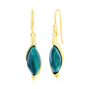 Sterling Silver, Marquise Malachite Earrings - Gold Plated