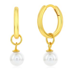 Sterling Silver Round Pearl Charm Huggie Hoop Earrings - Gold Plated