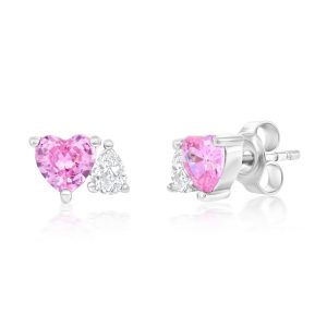 Sterling Silver Heart & Pearshaped CZ Stud Earrings -  Pink