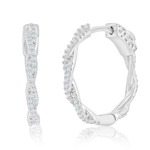 Sterling Silver, 21mm Twisted CZ Hoop Earrings