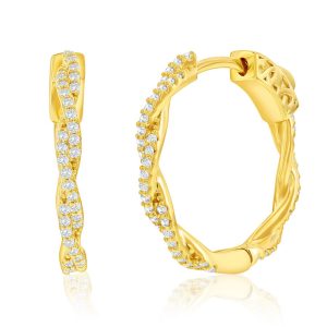 Sterling Silver, 21mm Twisted CZ Hoop Earrings - Gold Plated
