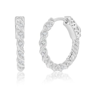 Sterling Silver, 19mm Rope Design CZ Hoop Earrings