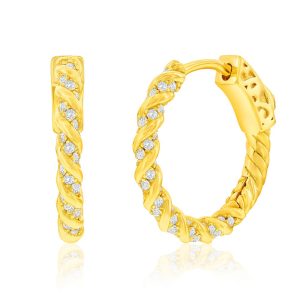 Sterling Silver, 19mm Rope Design CZ Hoop Earrings - Gold Plated