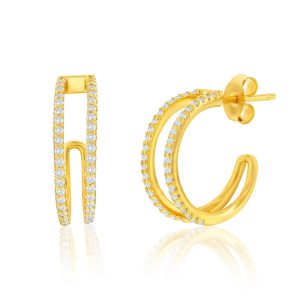 Sterling Silver, Double Row CZ Earrings - Gold Plated
