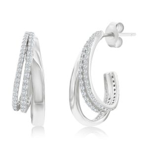 Sterling Silver, Triple Row CZ & Polished Half Hoop Earrings