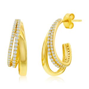 Sterling Silver, Triple Row CZ & Polished Half Hoop Earrings - Gold Plated