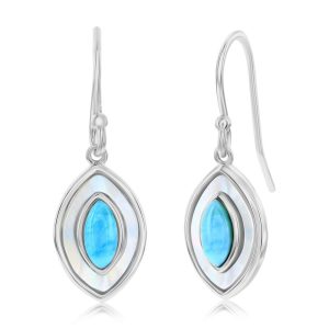 Sterling Silver, MOP & Larimar Marquise Dangle Earrings