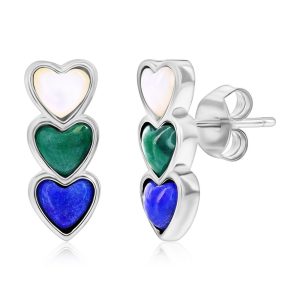 Sterling Silver, MOP, Lapis, Malachite, Triple Heart Earrings