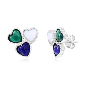 Sterling Silver, MOP, Lapis, Malachite, Triple Cluster Heart Earrings