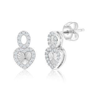 Sterling Silver, Diamond-Cut Heart & Oval CZ Earrings