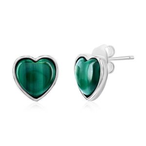 Sterling Silver, Bezel-Set Heart Studs - Malachite