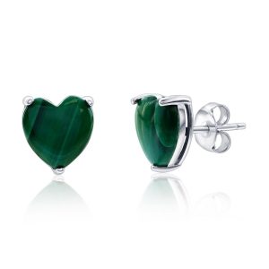 Sterling Silver, 3 Prong Heart Studs - Malachite