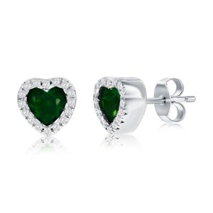 Sterling Silver, CZ Heart Stud Earrings - Emerald
