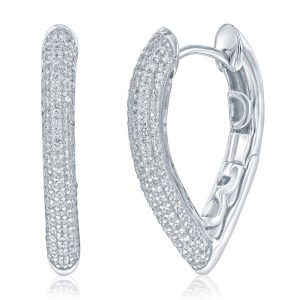 Sterling Silver, 'V' Shaped Pave CZ 26mm Hoop Earrings