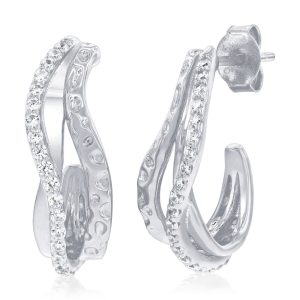 Sterling Silver, Wavy Design Half Hoop CZ Earrings