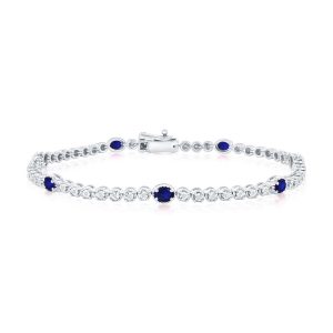 Sterling Silver, Lab-Grown Oval 1.68ct Sapphire & 0.09ct Natural Diamond Bracelet - (56 Stones)