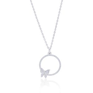 Sterling Silver, Circle w/ Butterfly Diamond Pendant - (64 Stones)
