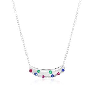 Sterling Silver, Lab-Grown Gem & Natural Diamond Curved Bar Necklace - (23 Stones)
