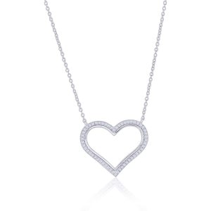 Sterling Silver, Outlined Diamond Heart Necklace - (56 Stones)