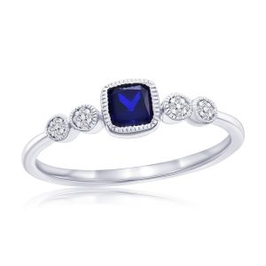 Sterling Silver, Lab-Grown 0.45ct Sapphire & 0.03ct Natural Diamond Ring - (17 Stones)